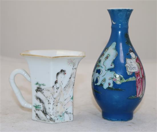 A Chinese blue ground famille rose bottle vase and a mug, c.1900-10, 18.5cm